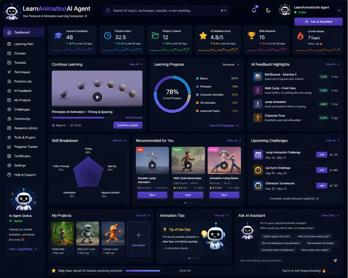 learnanimation.app AI animation tutor app — lesson dashboard preview